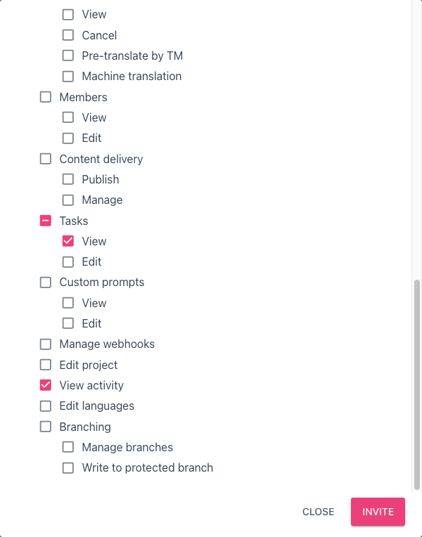 Granular permissions editor showing Branching section with Manage branches and Write to protected branch checkboxes