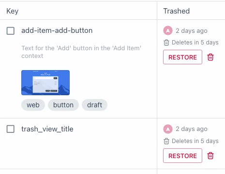 Trash row with restore and permanent delete buttons